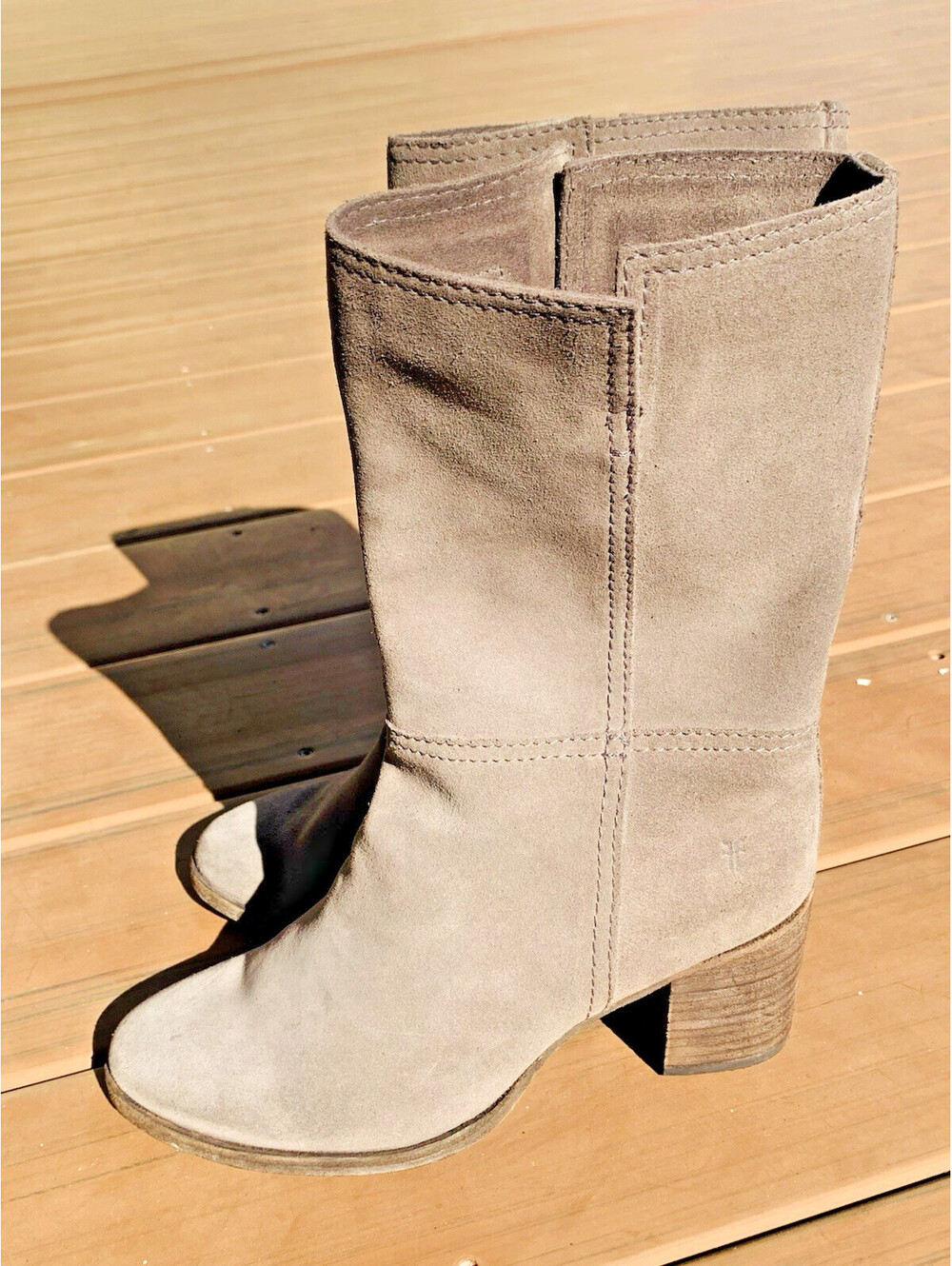Frye Taupe Suede Leather Mid-Calf Western Cow Girl Boho Boots Women's 7B - Picture 5 of 15